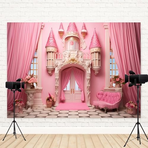 12x10ft Pink Castle Backdrop Room Door Curtain Photography Background Flowers Vases Sofa Princess Girl Birthday Banner Decorations Newborn Baby Shower Wedding Party Portrait Photo Booth Prop - Image 3