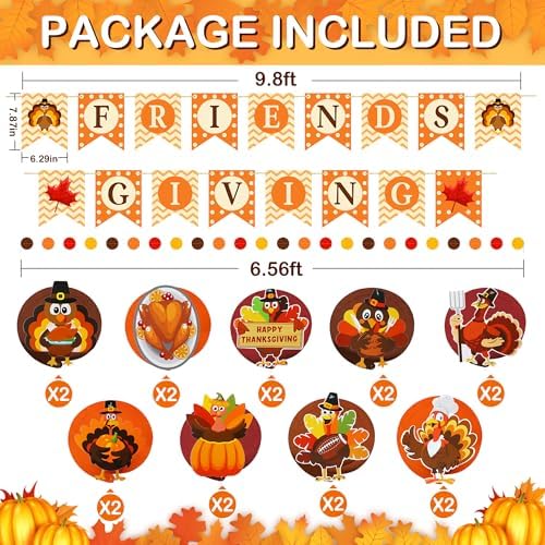 Thanksgiving Party Decorations Set - NO DIY - Friendsgiving Banner & Turkey Hanging Swirls & Circle Dots Garland Banner, Thanksgiving Decorations for Home Office Classroom Friendsgiving Party Decor - Image 2