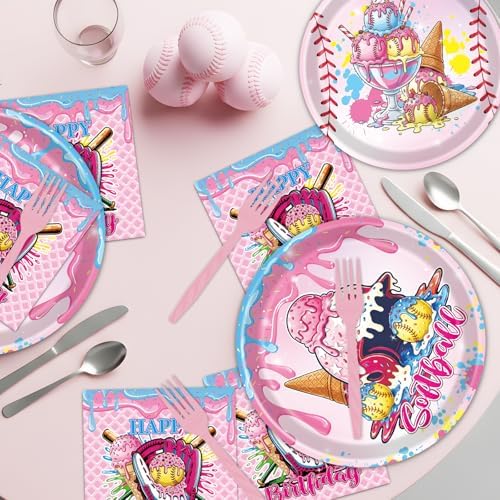 Softball Ice-Cream Party Decorations - 96 PCS Softball Party Paper Plates Napkins Forks Tableware Decoration, Sports Ice-Cream Drip Birthday Disposable Dinnerware Decor Supplies 24 Guests - Image 5