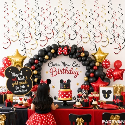 32 PCS Red Black Gold Hanging Swirl Decorations, Sparkle Ceiling Swirls with Plastic Streamers for Casino Night, Graduation, Birthday, Wedding, Hollywood Theme, Baby Shower - Image 2