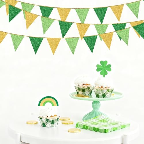 Green Gold Party Decorations Pennant Banner Flag Glitter Green Gold Triangle Hanging Bunting for Birthday Graduation Retirement Bridal Shower Wedding Bachelor Spring Summer Master Golf Themed Party - Image 7