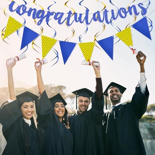 Outus Congratulations Banner with Triangle Flag 12 Swirls,Blue, Gold - Image 4