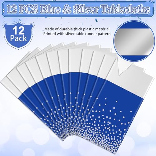 12Pcs Blue Silver Tablecloth Party Decorations,Plastic Royal Blue Table Cloth Printed Silver Table Runner Disposable Rectangle Tables Cover for Anniversary Wedding Graduation 2024 Party,54 x108 Inch - Image 2