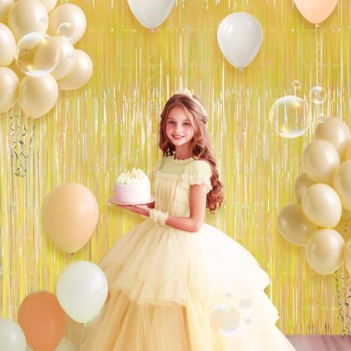 2 Pack Yellow Iridescent Streamers Backdrop, 3.3x6.6ft Foil Fringe Curtains Gold Holographic Door Tinsel Streamers for Birthday, Wedding, Holiday, Bachelorette, Theme Party Decorations - Image 3