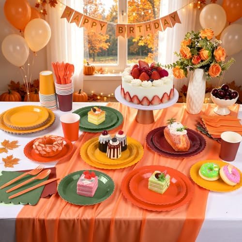 168 Pcs Fall Party Plates and Napkins Set, Orange and Green Party Decor - Image 5