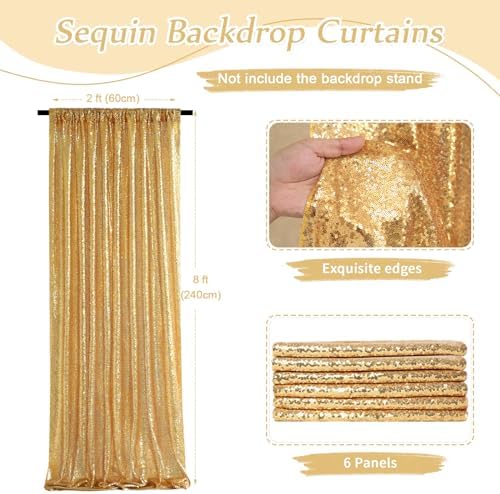 Gold Sequin Backdrop Curtains 2ftx8ft Glitter Party Backdrop 6 Pieces Sparkly Fabric Curtains for Wedding Stage Background Decorations Christmas Party Decoration - Image 2