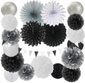 Black White Silver Party Decorations - 20pcs New Year Men Birthday Paper Lanterns Fans,Tissue Pom Poms,Honeycomb Balls,Bunting,Wedding Bachelorette Bridal Graduation Baby Decor Burgleda by Burgleda