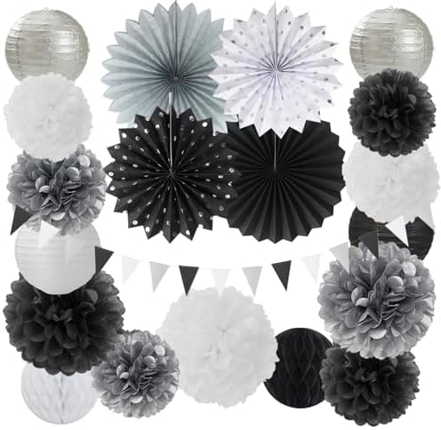 Black White Silver Party Decorations - 20pcs New Year Men Birthday Paper Lanterns Fans,Tissue Pom Poms,Honeycomb Balls,Bunting,Wedding Bachelorette Bridal Graduation Baby Decor Burgleda by Burgleda