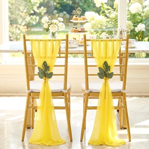 Yellow Chair Sashes Wedding Aisle Decorations: 50 Packs 8ft Long Draping Fabric Sheer Church Chair Cover Bulk for Party Banquet - Image 2