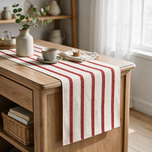 Artoid Mode Red Farmhouse Woven Stripe Christmas Table Runner, Seasonal Holiday Boho Rustic Kitchen Dining Table Decoration for Home Party Decor 12x60 Inch - Image 3