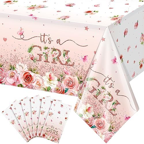 6 Pack Floral Baby Shower Tablecloth, It's a Girl Decorations, Pink Flower Party Backdrop, Plastic Disposable Table Cloth for Girl by RAGNHILD