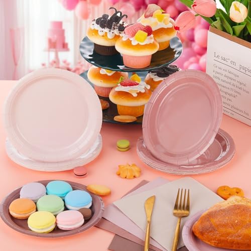 Zhehao 120 Pcs Disposable Paper Dessert Plates and Napkins Set, 7 Inch Party Cake Appetizer Plate with Napkin for Birthday Baby Shower Wedding Easter(Dusty Pink) - Image 6