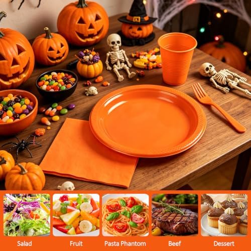 200pcs Disposable Orange Plastic Party Plates for Thanksgiving, Halloween - Image 3