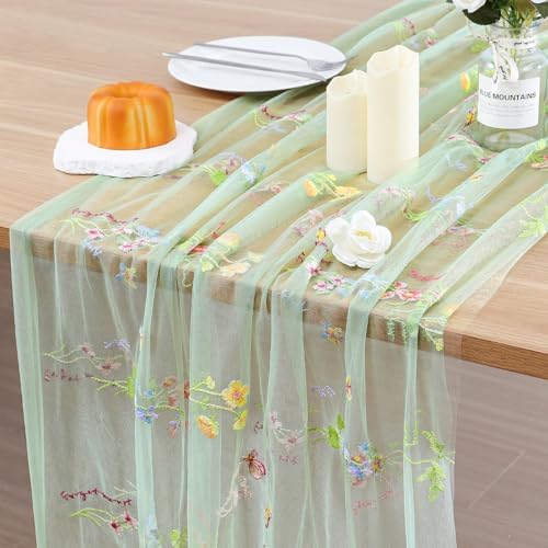 BINBE 1pcs Sage Green Florals Table Runner Embroidery Gauze 10FT Daisy Seasonal Tulle Birthday Wedding Holiday Kitchen Dining Table Decor for Home Party by BINBE