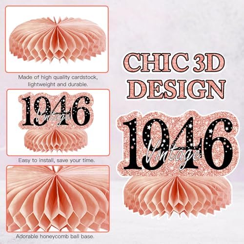 9Pcs 80th Birthday Decorations Honeycomb Centerpieces for Women, Rose Gold Happy 80th Birthday Centerpieces Tables Toppers Party Decorations Supplies, Vintage 1946 Aged Table Sign Decor - Image 3