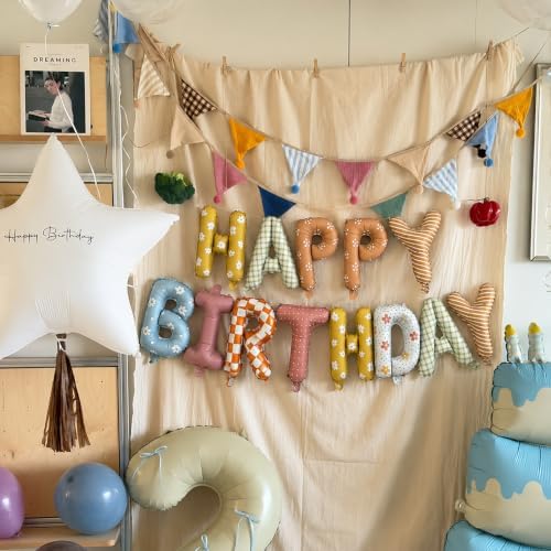 Neutral Vintage Happy Birthday Balloons Banner - Fabric Texture Inspired Mylar Foil Signs, Retro Plaid & Floral Designs, Boho Party Decorations for Kids & Adults Birthday, Old Money Aesthetic - Image 6