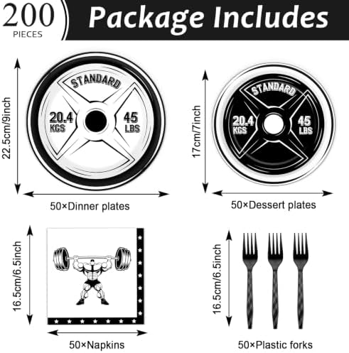 50 Guests Gym Birthday Party Supplies Decoration Bodybuilder Plates and Napkins Forks Weightlifting Tableware Barbell Birthday Party Paper Plates for Gym Lovers and Weight Lifters 200PCS - Image 2