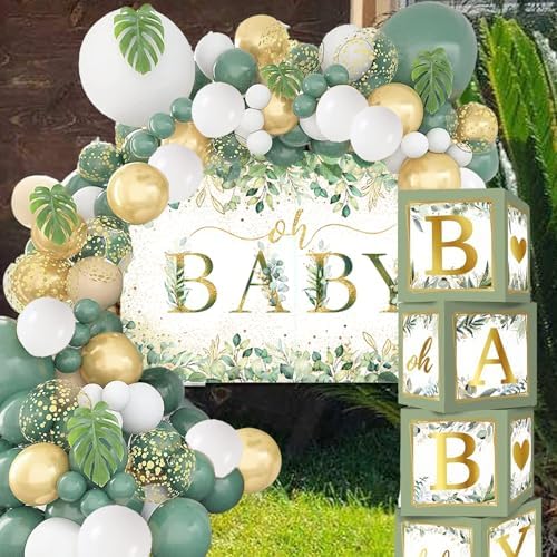 OUNIY Sage Green 172pcs Gender Neutral Baby Shower Decorations - Boho Greenery Party Supplies with Oh Baby Backdrop, Tablecloth, Balloons, BABY Box, Welcome Banner - Image 6