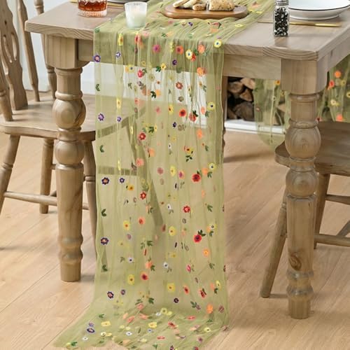 Artoid Mode Green Embroidery Daisy Gauze Table Runner 120 Inch 10FT - Image 4