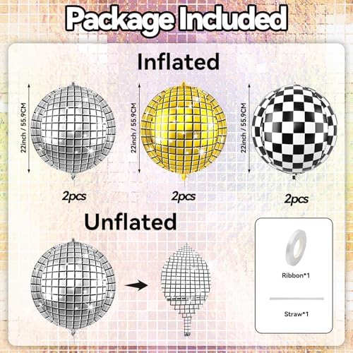 6pcs 22 Inch Gold Disco Ball Balloons, Silver Big Disco Balloons, Black White 4d Large Foil Balloon For Birthday Baby Shower Car Theme Party Wedding Engagement Celebration Graduation Decorations - Image 2