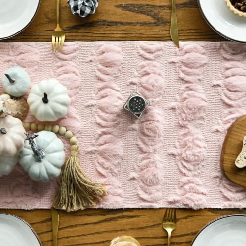 Artoid Mode Pink Soft Faux Fur Pumpkins Fall Table Runner 13x72 Inch - Image 2
