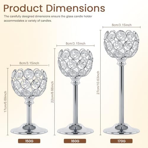 Silver Crystal Candle Holders Candlestick Holders - 4 Sets Tall Bling Bowl Candelabra Centerpieces for Dining Table, Wedding, Party & Fireplace Mantel Decor,12Pcs - Image 2