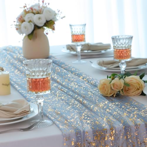 10Pcs Dusty Blue Gold Table Runner Metallic Foil Shimmer Sheer Gauze 10ft - Image 4