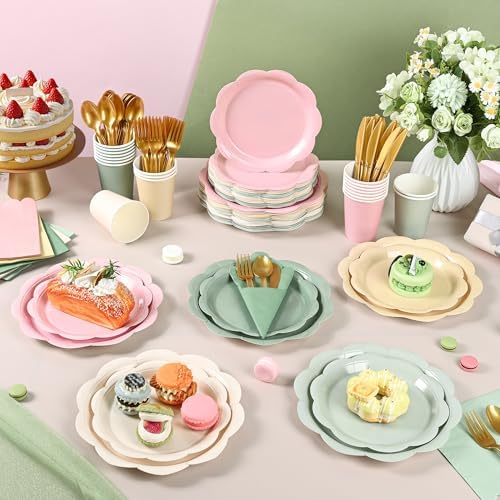 350 Pcs Sage and Pink Paper Plates and Napkins Party Supplies - Pink and Green Birthday Decoration Include Dusty Pink Sage Green Scalloped Plate Napkin Cup & Cutlery for Baby Shower, Wedding, Birthday - Image 3