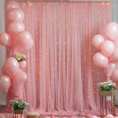 20x8ft Dusty Rose Tulle Backdrop Curtain with Lights String for Parites, Sheer Photo Backdrop Drapes with Lights for Wedding Backdrop Ceremony Reception Bridal Shower Baby Shower Birthday Party - Image 3