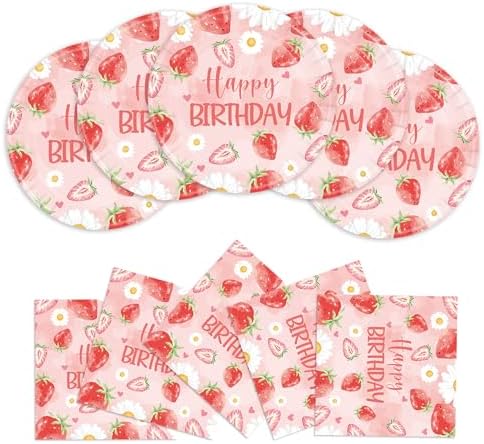 40PCS Strawberry Birthday Paper Plates and Napkins Party Set by BOKFJBP
