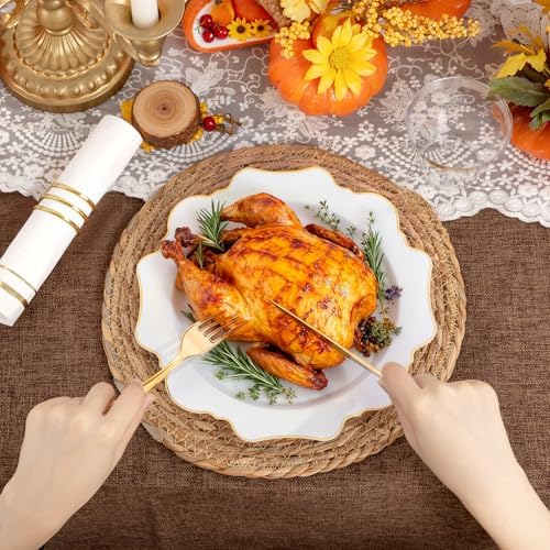WDF 350PCS White and Gold Plastic Plates - Gold Plates Disposable 50Guest Plastic Dinnerware Ideal for Party/Wedding/Birthday/Thanksgiving/Fall/Rosh Hashanah - Image 2