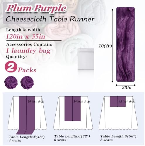 Plum Purple Cheesecloth Table Runner 2 Pack 35" Boho Gauze Table Runner 120 inches Long Runner Rustic Sheer Fabric Bulk for Baby Shower Wedding Bridal Birthday Party Table Decorations - Image 2