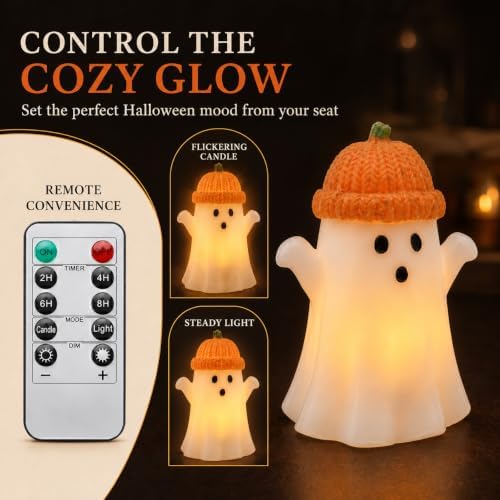 Enido Ghost with Pumpkin Hat Flameless Candles with Remote, Set of 2 Cute Real Wax LED Halloween Candles, Battery Operated Tea Lights, 2/4/6/8H Timer for Kids Room, Fall Tiered Tray Decor - Image 5