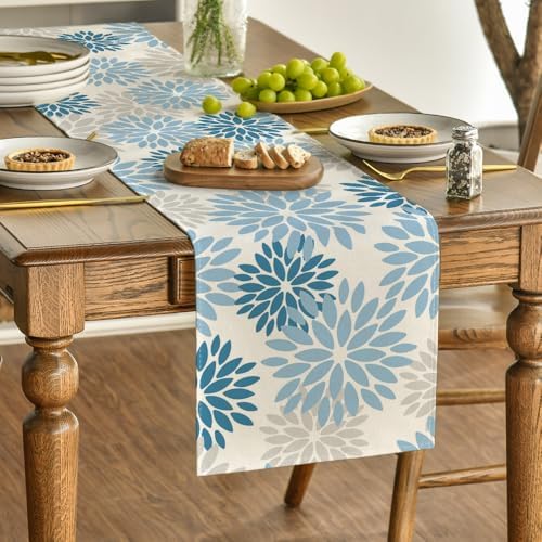 Artoid Mode Light Blue Dahlia Floral Pinnata Summer Table Runner, Seasonal Kitchen Dining Table Decoration for Home Party Decor 13x72 Inch - Image 3