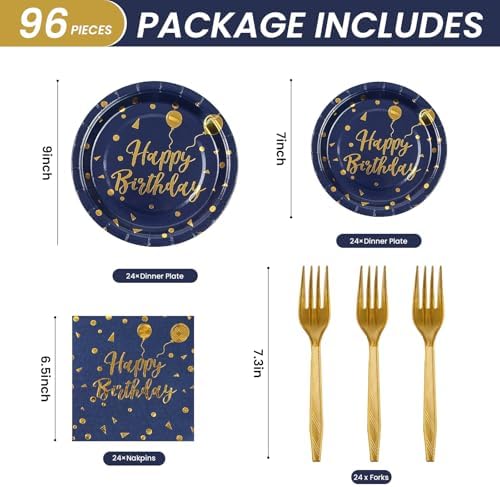 96PCS Happy Birthday Plates and Napkins Party Supplies, Black and Gold Disposable Paper Plates and Napkins with Forks Tableware Set for Birthday Party Decorations 24 Guests (Birthday Blue) - Image 2