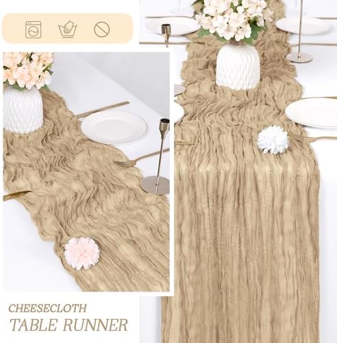 6 Pack Beige Cheesecloth Table Runner 17x108 Inch Semi Sheer Boho Gauze Cheese Cloth Fabric Table Runners Table Decor for Wedding Party Baby Shower Birthday Home Decor Garden Farmhouse - Image 6