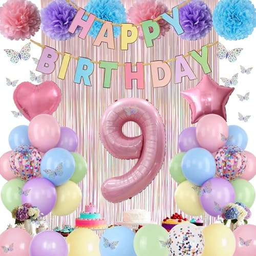 Pastel 9th Birthday Colorful Party Decorations Girls Pink Number 9 Balloon - Image 6
