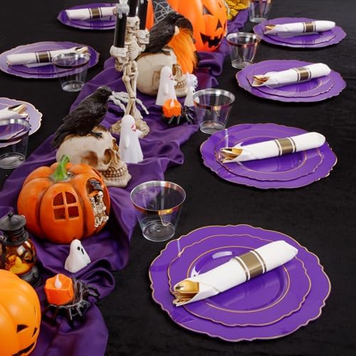 Liacere 350PCS Purple Plastic Plates-Disposable Purple and Gold Plates 50 guest Baroque Plastic Dinnerware include 100Plates,50Pack Pre Rolled Napkins with Silverware 50Cups for Party & Halloween - Image 2