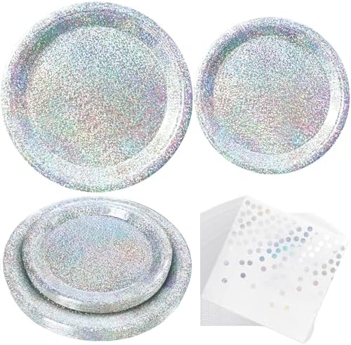 Silver Iridescent Party Plates and Napkins, 75 Pcs Party Decorations Set by Unknown