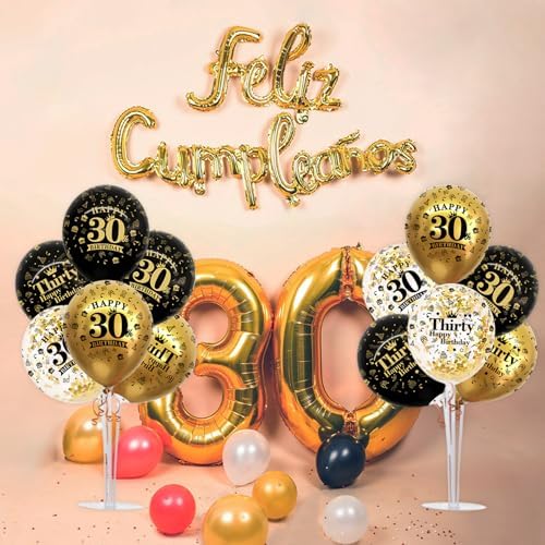 TONIFUL 4 Set Black Gold 30 Printed Balloon Stands for 30th Birthday Decor - Image 5