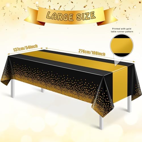 12Pcs Black and Gold Tablecloth Party Decorations,Plastic Black Table Cloth Printed Gold Table Runner Disposable Rectangle Table Cover for Birthday Retirement Anniversary Graduation Party,54 x108 Inch - Image 2