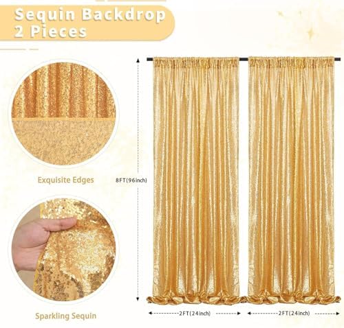 Gold Sequin Backdrop Curtain Panels Stage 2 Pieces 2FTx8FT Sheer Gold Curtains Backdrop Photo Backdrop Curtains for Wedding Birthday Party Background Drapes Christmas Decorations - Image 5