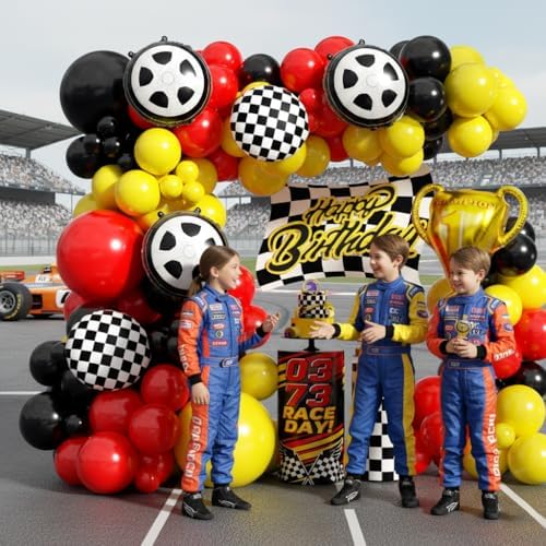 Race Car Balloon Arch Garland Kit, 154pcs Different Size Tire Flags Checkered Black Red Yellow Balloons Arch Kit for Racing Car Two Fast Theme Boy Birthday Anniversary Party Decorations - Image 6