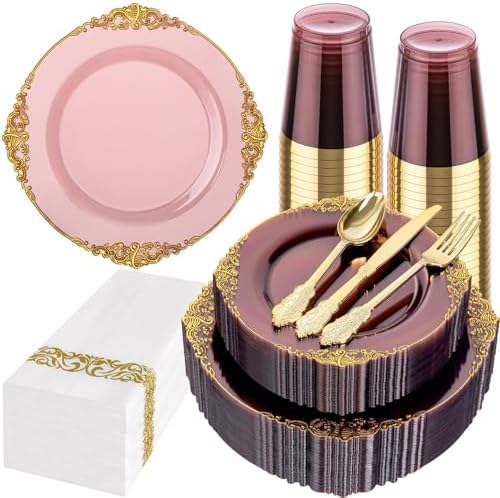 Hioasis 175 Pcs Burgundy Gold Plates for Party by Hioasis