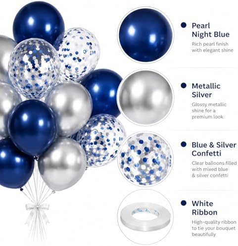 Navy Blue and Silver Balloons, 12 Inch Dark Midnight Blue Metallic Silver Latex Balloons Set for Boys Baby Shower Men Birthday 2026 Graduation Fathers Day Anniversary Denim Party Decorations - Image 3