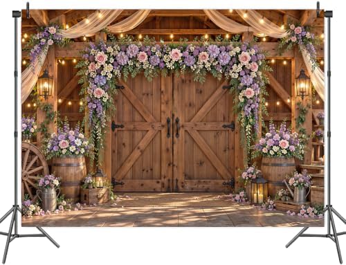 6x4ft Country Wedding Backdrop Purple Lavender Wisteria Flower Wooden Barn Door Western Photography Farmhouse Birthday Baby Shower Anniversary Bridal Party Banner Photo Booth Props Background - Image 5