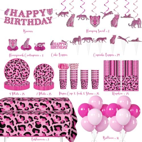 205Pcs Pink Cheetah Birthday Decorations Tableware Set, 25 Serves - Image 2