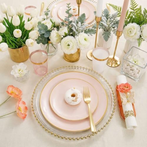 Rubtlamp 210Pcs Plastic Pink Plates with Gold Plastic Silverware Set Include 30Pink Dinner & 30 Dessert Plates, 90Gold Cutlery, 30Gold Cups, 30Napkins, Pink Dinnerware for Valentines&Mother's Day - Image 5