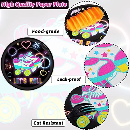 96pcs Roller Skating Party Supplies Tableware Set Retro Roller Skate Party Paper Plates Napkins Set Favors for Boys Girls Teens Birthday Dinnerware Decorations, Serve 24 - Image 4