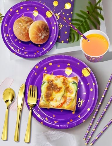 Nkaiso 161 Pcs Purple Gold Birthday Plates and Napkins Set -20 Serves - Image 4